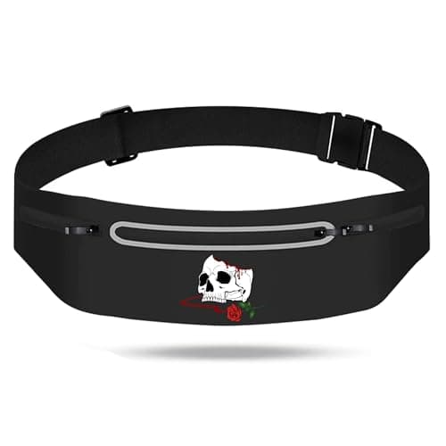 Horror Skull Rose Slim Running Belts Fashion Reaper Grim Fanny Packs for Women,Adjustable Black Fitness Belt with Zipper Pockets,Waterproof Reflective Running Belt for Men Marathon Jogging Gear Gift