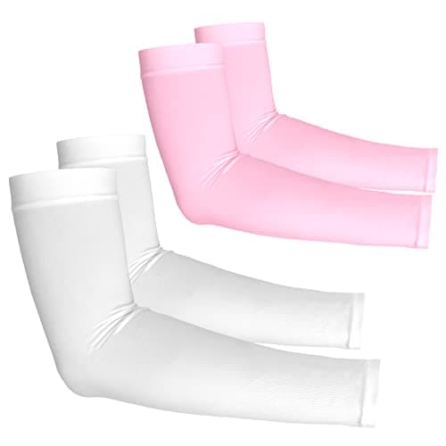 YESLIFE 2 Pairs UV Sun Protection Arm Sleeves for Men & Women - Tattoo Cover Up - UPF 50 Cooling Sports Sleeve for Basketball Golf Hiking (White & Pink)