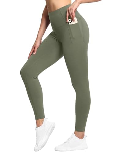 THE GYM PEOPLE Tummy Control Workout Leggings with Pockets High Waist Athletic Yoga Pants for Women Running, Fitness Grey Green