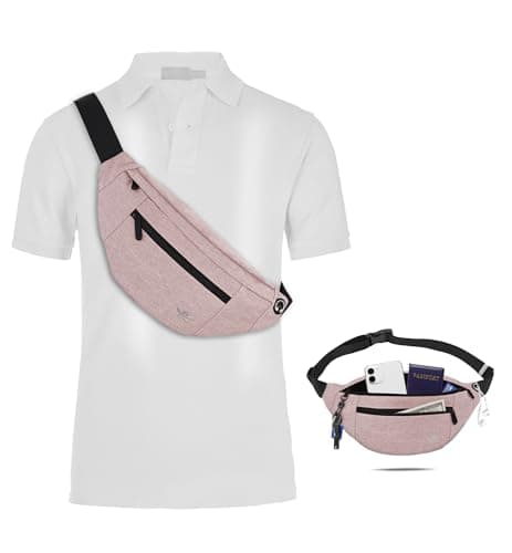 HiRui Large Crossbody Fanny Pack for Men Women Waist Bag Pack with 4-Zipper Pockets Phone Bag Fits All Phones Wallet Keys, Casual Hands-Free Waist Pack for Travel Workout Running (Pink)