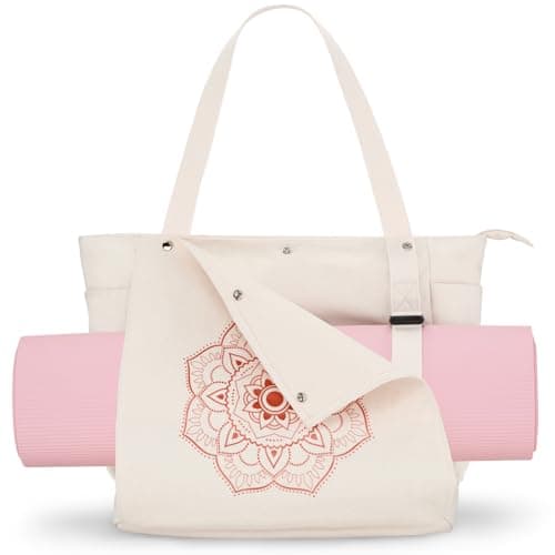Gonex Yoga Mat Bag, Yoga Gym Bag Tote Bag with Multi Pockets For Women Men, Canvas Yoga Mat Carrier Take in Out Mat Easily For Pilates Travel Workout Office, Beige