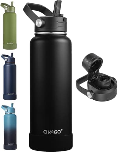 CIVAGO 40 oz Insulated Stainless Steel Water Bottle with Detachable Straw, Large Metal Water Jug with Bucket Handle, Leakproof Sports Water Flask with Silicone Boot for School, Dishwasher Safe, Black