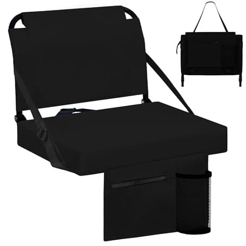 Besunbar Stadium Seats for Bleachers with Back Support Bleacher Seat Soft Cushion Light Weight Includes Shoulder Strap & Cup Holder, Front & Back Zipper Pocket, Suitable for Sports Events,Black