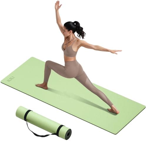 ILILI Yoga Mat 10mm Extra Thick and Extra Long, 76x28×0.4 Inch, Double Color Non-Slip TPE Material, Easy Carrying with Strap, Ideal for Yoga, Pilates, Floor Exercise, Home and Outdoor Use, Eco Friendly (Matcha Green+Black)