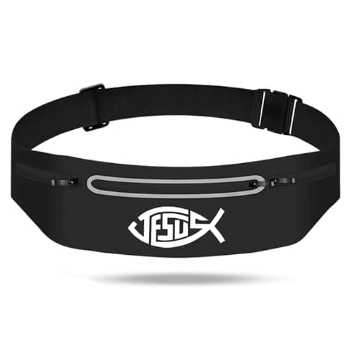 Jesus Fish Black Running Belts for Women,Adjustable Waist Fanny Pack Phone Holder Christian Faith Jesus Men Running Bag,Waterproof Reflective Slim Jogging Pouch Religious Christian runner Gifts