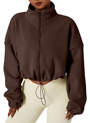 QINSEN Women's Short Fleece Jacket Full Zip Polar Fleece Crop Outwear Winter Warm Stand Collar Coat Caramel Coffee XL
