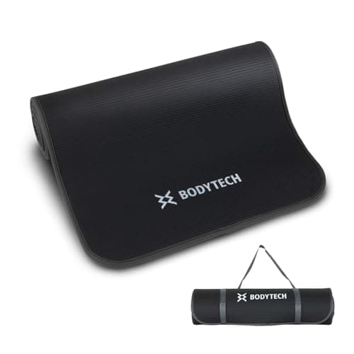BODYTECH Exercise yoga mat with edge protection and extra wide 27.6 inches 1/2 inch thick Black/Gray Color