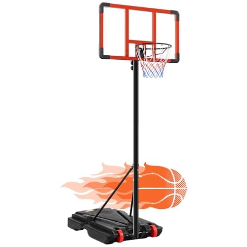 DUMOS 5.08-8.53FT Portable Basketball Hoop Outdoor for Kids, Adjustable Height 44 Inch Shatterproof Backboard w/Shock Absorbent Rim, Fillable Base, 2 Wheels for Swimming Pool/Indoor, Red
