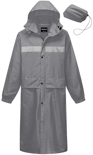 CREATMO US Waterproof Raincoat for Men with Hood Lightweight Long Ponchos Windbreaker Packable Reflective Stripes Golf Hiking Travel Rain Jacket Dark Gray 2XL