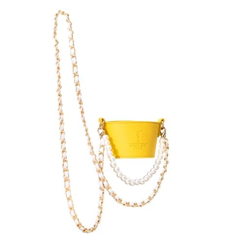 MAGRACE Luxury Water Bottle Carrier - Yellow PU Leather Tumbler Holder with Pearl Chain Handle & Crossbody Sling Strap, Stylish Drink Holder for Bottles