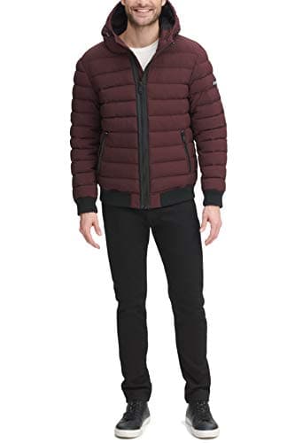 DKNY Men's Quilted Performance Hooded Bomber Jacket, Oxblood Matte Stretch, X-Large