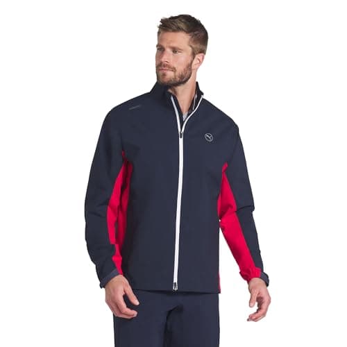 PUMA GOLF MEN'S DRYLBL RAIN JACKET, NAVY BLAZER-STRONG RED, XXL