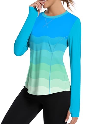 Avoogue Rash Guard for Women UPF 50+ SPF UV Protection Long Sleeve Workout Tops with Thumb Holes Quick Dry Swim Shirt(Gradient Blue,S)