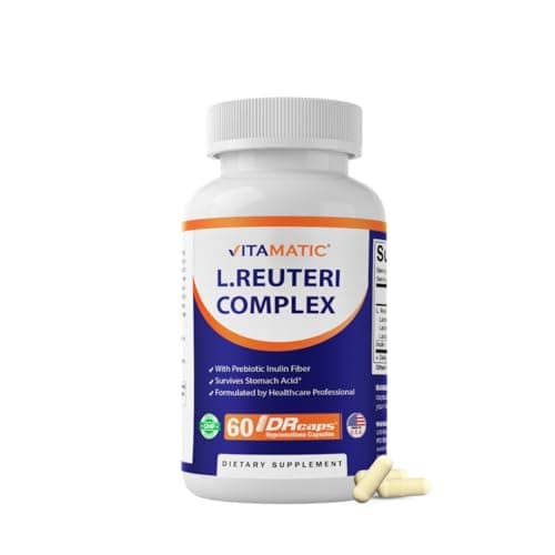 Vitamatic Lactobacillus Reuteri Complex – 22 Billion CFU per Delayed Release Capsule – 60 Capsules – Digestive & Gut Health Support – with Prebiotic Inulin Fiber