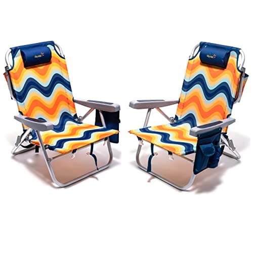 SUNNYFEEL Low Beach Chair 2 Pack, 5-Position Lay Flat Reclining, Backpack Portable Folding Chairs with Cooler Bag & Cup Holder, Heavy Duty 350 LBS, Compact for Beach, Camping, Travel