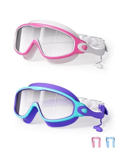 YLKJSWIM Swim Goggles for Kids 3-15 with Earplugs Large Frame Anti-Fog/UV Swimming Goggles for Boys Girls Toddler 2PCS (White Pink& Blue Purple New)