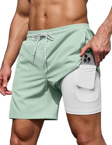 COOFANDY Men's 7" Swim Trunks with Compression Liner Stretch Swimming Shorts with Zipper Pockets 2026 Light Mint Green