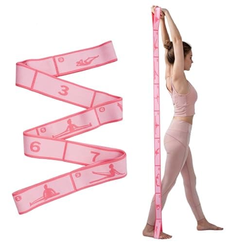 Yoga Strap with 9 Loops, Elastic Stretching Band for Pilates, Dance, Ballet & Flexibility Training, Pose Guide Pattern for Beginners, Adjustable Stretch Strap for Hamstring, Leg & Back Stretch (Pink)