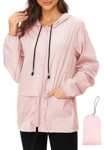 Zando Packable Rain Jacket Women Pink Windbreaker Hooded Rain Coat 4XL