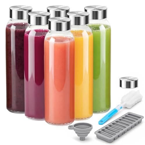 Zukro Glass Juice Bottles with Lids 18 oz, Leak Proof Reusable Clear Glass Bottle with Stainless Steel Airtight Cap for Juicing, Water, Smoothie, Homemade Beverage, Fridge Safe, BPA Free, Set of 6