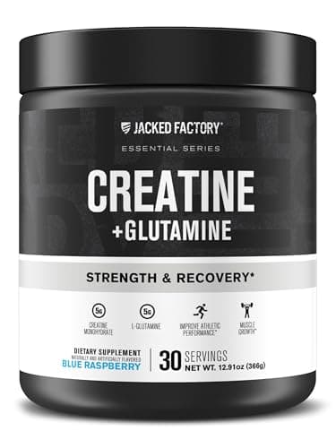 Jacked Factory Creatine + Glutamine - Creatine Supplement with L-Glutamine for Muscle Recovery, Muscle Growth, Increased Strength, Enhanced Energy Output, and Gut Health - 30 Servings, Blue Raspberry