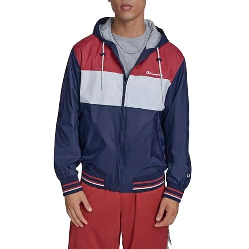 Champion Men's Retro Hooded Rain Jacket, Red/White/Navy, Small