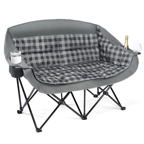 Double Camping Chairs Padded Loveseat Chair for 2 Person - Heavy Duty Oversized Camping Couch for Adults Outdoor Lawn Beach Portable Folding Sofa with Cup Holders Support 600lbs, Grey