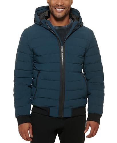 DKNY Men's Quilted Performance Hooded Bomber Jacket, Blue Steel Matte Stretch, Medium