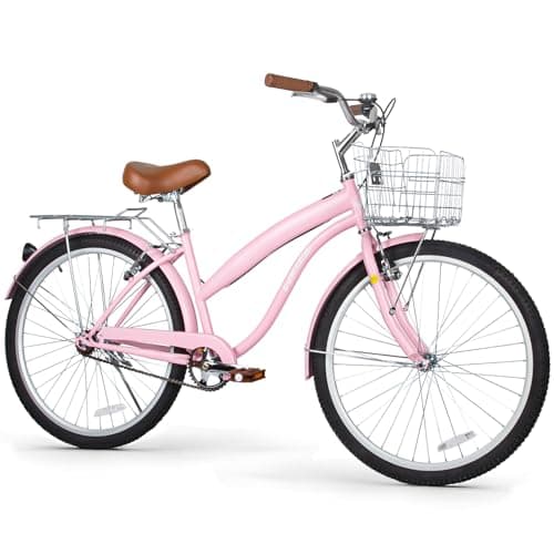 WEIZE Beach Cruiser Bike, 26 inch Commuter Bicycle for Adult Men and Women,High-Carbon Steel/Front & Rear Fenders, Comfortable City Bikes with Rear Rack&Basket, Ergonomic Upright Design,Pink