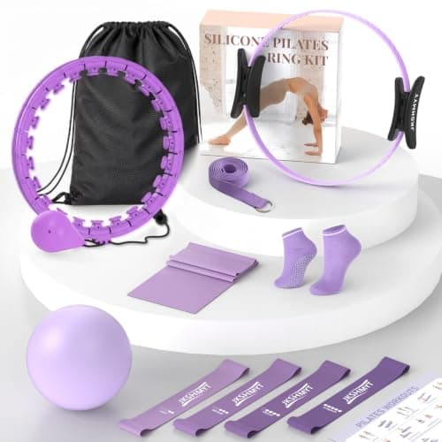 JKSHMYT Pilates Kit for Women,Pilates Equipment with 14.5" Pilates Ring and 64" Infinity Weighted Hula Exercise Hoop, Ball, Resistance Bands,Yoga Strap,Yoga Ring & Grip Socks Accessories