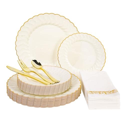 Lullaby 140PCS Elegant Disposable Dinnerware Set – 40 Ivory Scalloped Gold-Trim Plates (20 Dinner, 20 Dessert), 40 Forks, 20 Spoons, 20 Knives & 20 Napkins – Fancy Plastic Plates for 20 Guests