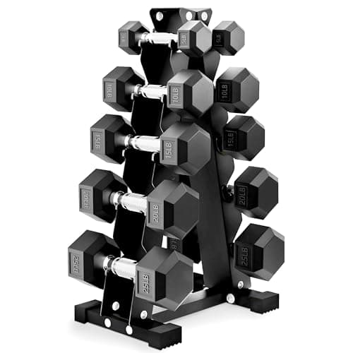 BalanceFrom Rubber Coated Hex Dumbbell Set with A-Frame Rack, Black – Solid Cast Iron Home Gym Weights with Chrome Handles for Full-Body Strength Training and Muscle Toning