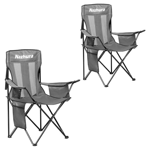 Nazhura 2 Pack Outdoor Camping Chairs Folding/Foldable/Portable with Cooler Pouch, Mesh Backrest and Cup Holder Pocket(Grey, 2 Pack)