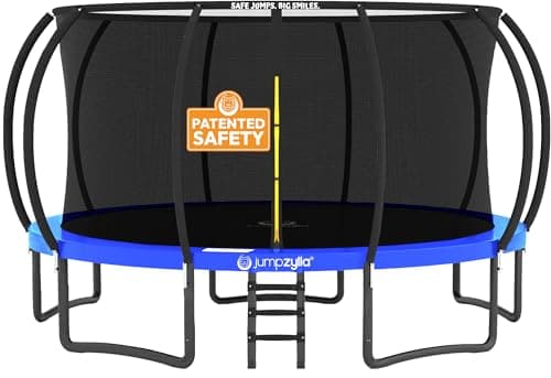 JUMPZYLLA Trampoline Outdoor 8FT 10FT 12FT 14FT 15FT 16FT with Enclosure and Ladder, ASTM Approved Recreational Trampoline for Kids and Adults, Anti-Rust Coated Frame (Blue, 15FT)