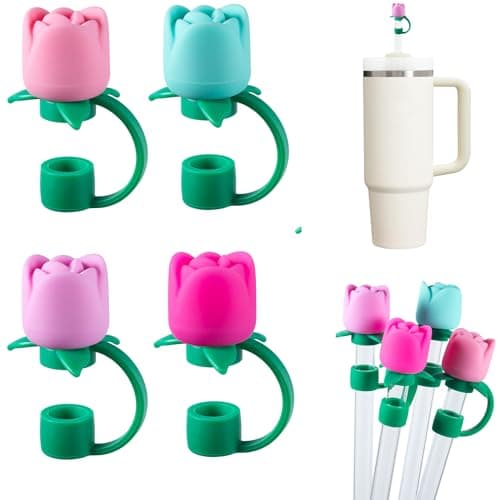 Flower Straw Covers for Stanley Cup 40 30 20 OZ, 4-Pack Cute Silicone Straw Toppers, Dust-Proof Reusable Drinking Straws Cover Cap for Stanley Cup Accessories,Topper for Yeti Tumbler, Gifts for Women