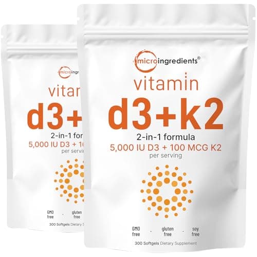 Micro Ingredients Vitamin D3 5,000 IU + K2 MK-7 100 mcg, 2 Pack (600 Softgels) | Liquid-Filled with Sunflower Oil | 2-in-1 Vitamins D & K Complex | Extra Strength, Easy to Swallow, Non-GMO, No Gluten