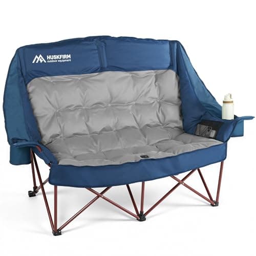 Huskfirm High Back Double Camping Chair 2 Person Camping Chair Low Seat Loveseat Camping Chair Fully Padded Oversized Camping Couch for Adults - Supports 650 LBS with Cup Holders Carry Bag - Blue