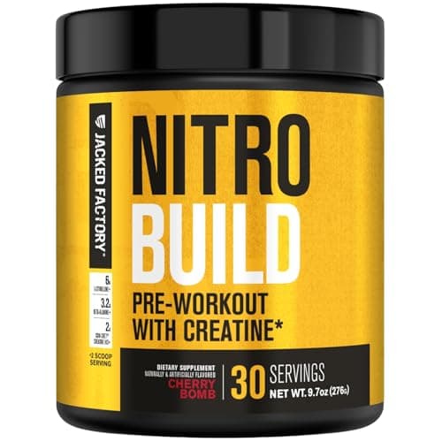 Jacked Factory Nitrosurge Build Pre Workout with Creatine for Muscle Building - Con Cret Creatine Powder & elevATP for Intense Energy, Powerful Pump, & Endless Endurance - 30 Servings, Cherry Bomb
