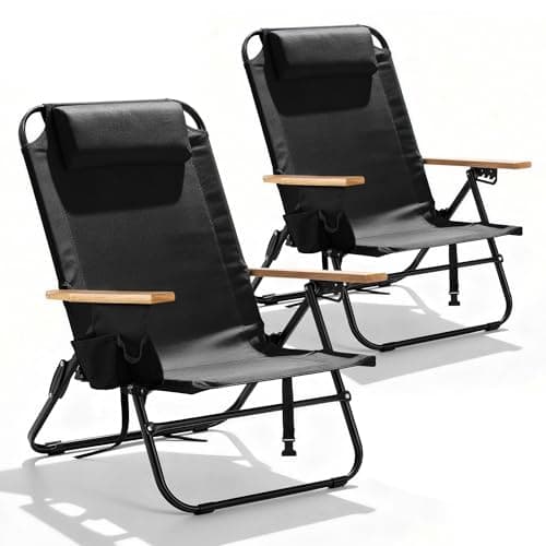 Canpsky 2 Pack Premium 5-Position Reclining Camping Chair - Portable Folding Lightweight Outdoor Chair with Wooden Armrests, Headrest & Pockets, 350lbs Heavy Duty for Beach, Patio, Backyard, Black