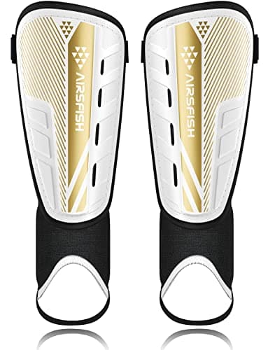 Upgraded Soccer Shin Guards Pads for Kids Youth Adults, CE Certified AirsFish Shin Guard Sleeves Protection Gear for Boys Girls Soccer Games EVA Cushion Reduce Shocks and Injuries (Small, White+Gold)