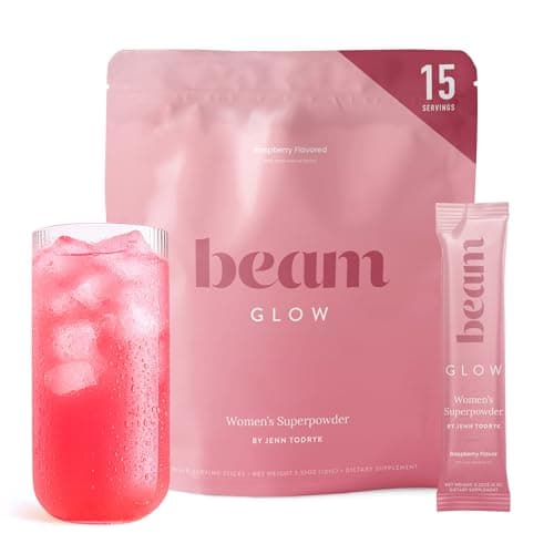 BEAM Glow Hormone Support & Cortisol Supplement for Women - Daily Vitamins for Women with Ashwagandha, Selenium, Zinc, Vitamin A, Biotin for Cycle Health, Mood & Energy, Raspberry, 15 Servings