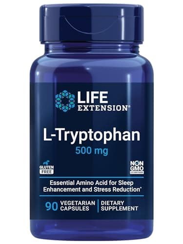 Life Extension L-Tryptophan, 500 mg, Encourages Healthy Serotonin Levels and Promotes Healthy Sleep, Mood, Stress Response & Satiety, Gluten-Free, Non-GMO, Vegetarian, 90 Capsules