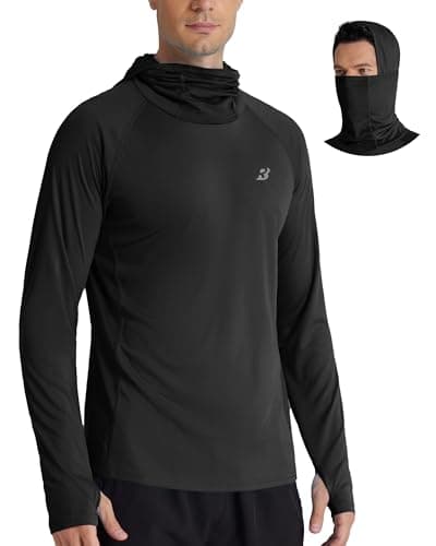 Roadbox UPF 50+ Men's hooded fishing shirts, Long Sleeve UV Sun Protection Hoodie Hiking Running Swim Rash Guard with Mask Black