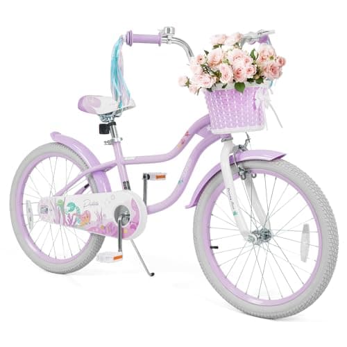 Olakids Kids Bike, 12 14 16 18 20 Inch Mermaid Theme Girls Bicycle with Basket Adjustable Seat and Handlebar Dual Brake (20 Inch, Purple)