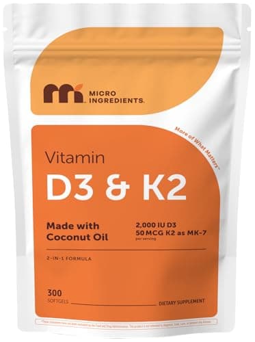 Micro Ingredients Vitamin D3 2,000 IU + K2 MK-7 50 mcg, 300 Softgels | Made with Coconut Oil | 2-in-1 Formula | Easy to Swallow, Non-GMO