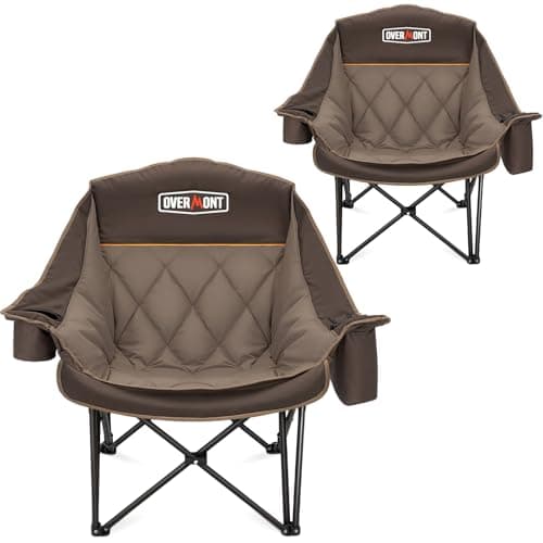 Overmont Oversized XL Camping Chair for Adults - 2 Pack 500lbs Support Heavy-Duty Padded Folding Chair with Side Pocket Cup Holder Cooling Bag for Outdoor Sports Garden Beach Fishing Lawn Khaki