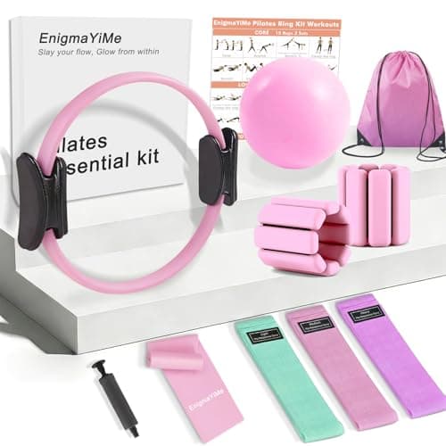 Pilates Ring Kit with Adjustable Ankle Wrist Weights, Fabric Resistance Bands, Pilates Equipment Yoga Ball for Home Workout to Tone, Sculpt and Strengthen, Fitness Magic Circle Rings for Women (Pink)