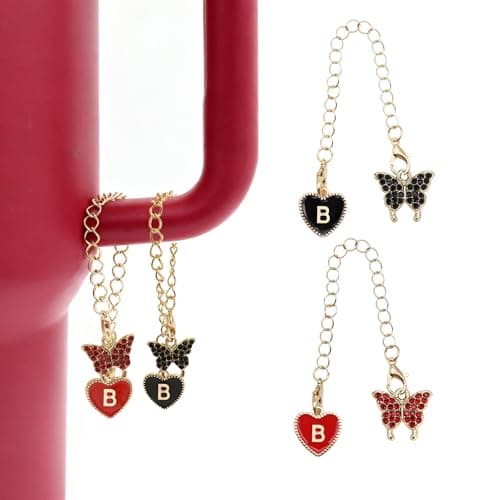 RENUIS 2Pcs Black And Red Letter Charm Accessories for Stanley Cup,Name ID Initial Letter for Stanley 30&40 oz Tumbler with Handle,Heart Initial Personalized Identification Charms Chain(B)