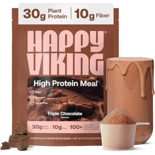 Happy Viking Plant-Based Vegan Protein Powder +100 Superfoods Chocolate Meal Replacement Shake, Created by Venus Williams, 30g Plant Protein, 10g Fiber, Gluten-Free, Non-GMO, 15 Meals