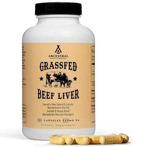 Ancestral Supplements Grass Fed Beef Liver 180 Capsules, Supports Energy Production, Detoxification, Digestion, Immunity and Full Body Wellness, Non-GMO, Freeze Dried Liver Health Supplement